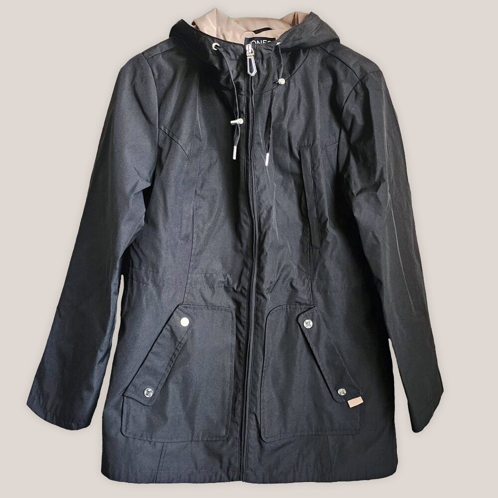 JONES NEW YORK Black Hooded Zip Up Rain Windbreaker Jacket Coat w/ Hood Pockets